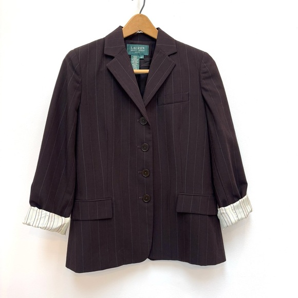 Lauren Ralph Lauren Pinstripe Wool Blazer Brown Academia Preppy Office 10P - Picture 3 of 12